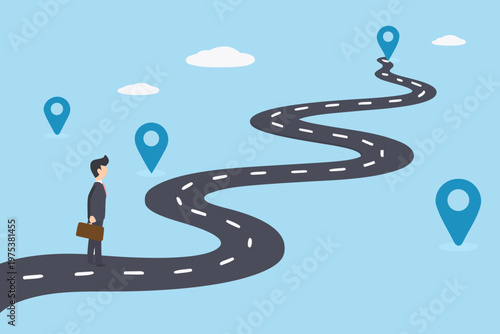 A businessman contemplates a long winding road with location markers