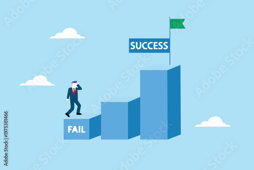 Businessperson reaches for success after overcoming failure on a staircase