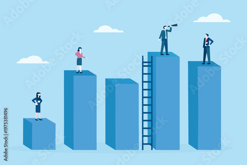Business people stand on ascending blocks symbolizing growth and leadership