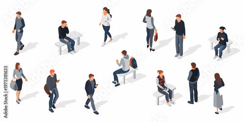Isometric illustration depicting diverse people in casual attire walking and interacting