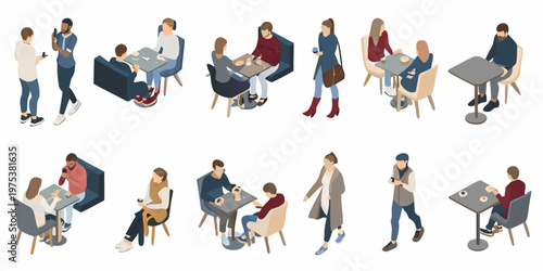 Isometric illustration of people socializing and dining in a modern cafe setting