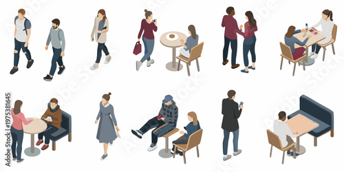 Isometric illustration of diverse people socializing in a public space