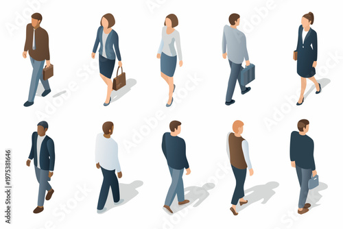 Isometric illustration of diverse people walking in a cityscape