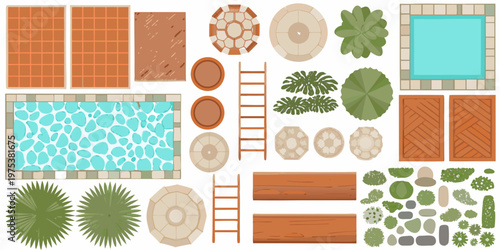 An aerial view collection of various garden and landscape elements