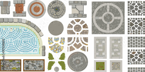 Isometric tile set featuring various stone and mosaic floor patterns