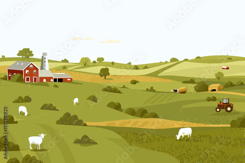 A vibrant countryside scene featuring a red barn and grazing animals