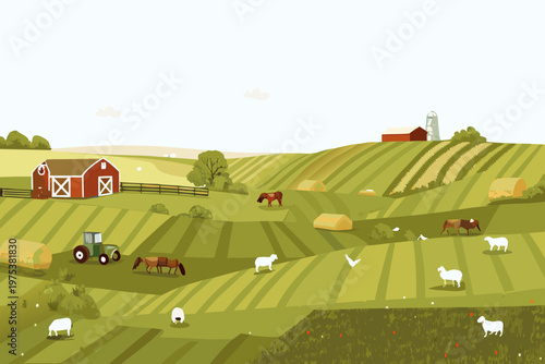 A peaceful countryside scene with rolling hills farm animals and buildings