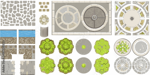 Top down view game assets stones water trees and circular structures