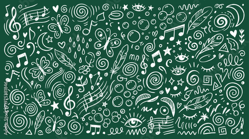 Whimsical doodle art on a dark green chalkboard background featuring musical notes, butterflies, feathers, eyes, and abstract swirls representing creativity and imagination