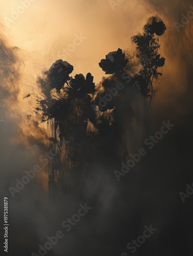Abstract black flowers blooming from a shadowy figure, surrounded by soft golden light