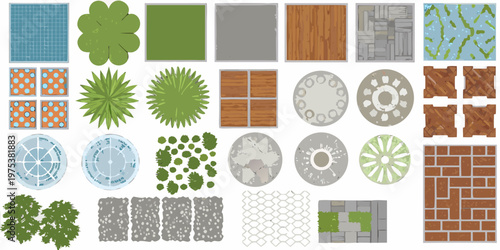 An overhead view of various textured circular and square patterns