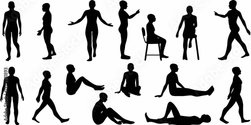 Collection of human silhouettes in various poses against a white background