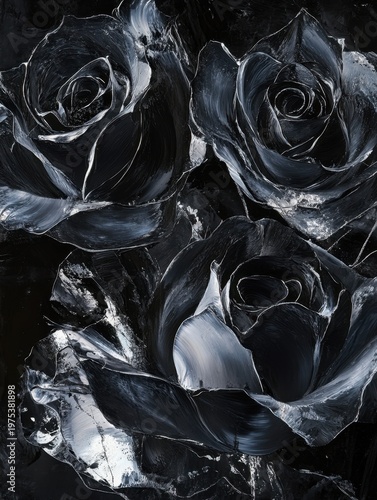 Abstract black roses with shimmering glass textures in a dark, moody setting