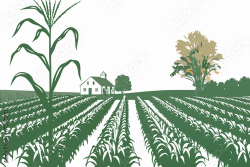 A stylized illustration depicts a rural scene with cornfields and a farmhouse