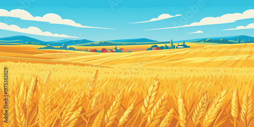 Golden wheat field stretches towards a distant village under a blue sky