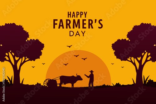 Happy farmer s day illustration with a farmer cow and sunset landscape