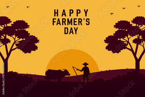 Happy farmer s day illustration with a farmer cow and sunset scene
