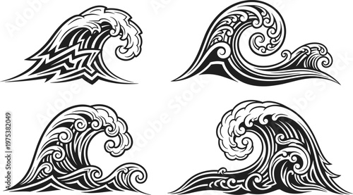 Set of black and white ocean wave illustrations in various artistic styles representing powerful sea currents and surfing culture.