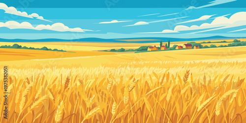 Golden wheat field stretches towards a distant village under a blue sky