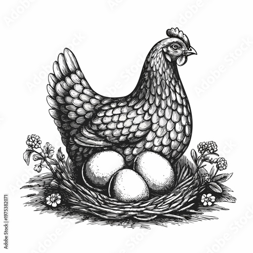 A detailed illustration of a hen guarding her eggs in a nest