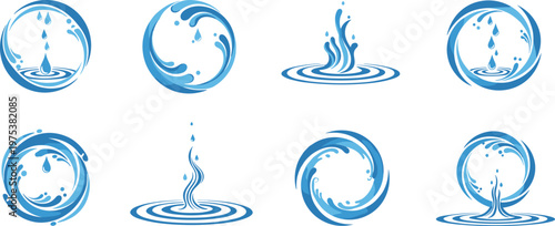 Water splash logo collection, blue liquid drop wave icons set, abstract aqua symbols, clean fluid design elements vector illustration