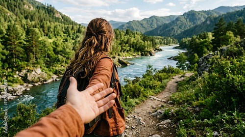 Woman Leading Man on Scenic Mountain River Trail.