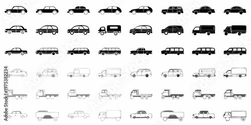 Collection of diverse vehicle icons arranged in a grid pattern
