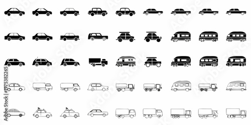 Diverse collection of black silhouette vehicle icons arranged in neat rows