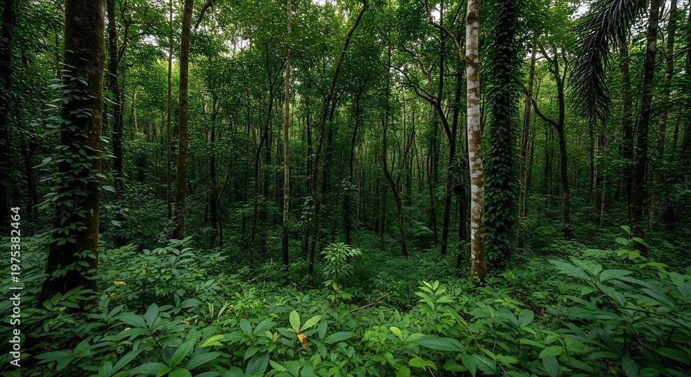 Fototapeta premium Lush Green Forest Canopy with Dense Undergrowth and Tall Trees.