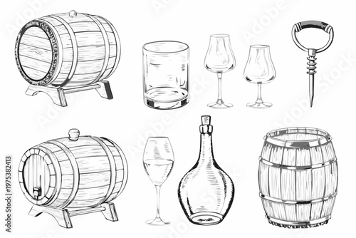 Sketch of wine barrels glasses a corkscrew and related accessories