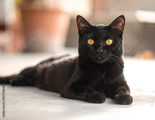 A sleek, black feline with luminous yellow eyes, lounging gracefully
