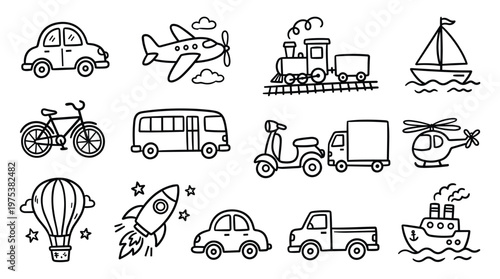 Collection of hand drawn doodle style transportation vehicles and modes of travel for kids education and creative projects