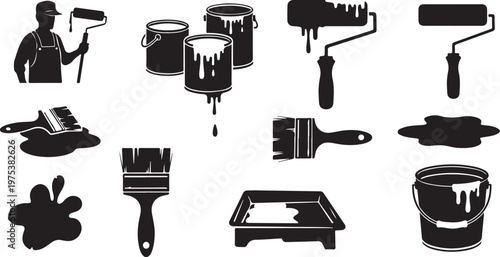 Black and white painting tools and supplies illustration set