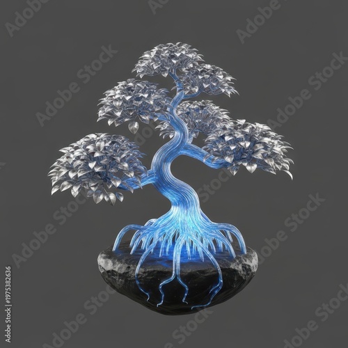 Glowing holographic bonsai tree floating above dark stone in void space