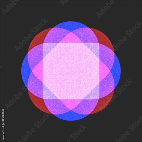 Abstract geometric composition featuring overlapping colorful transparent geometric shapes with a noise texture and a bright glowing effect, for contemporary wall art, electronic music covers.