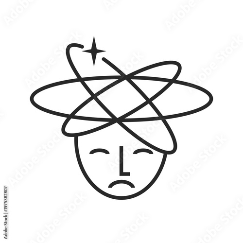 Mental health logo vector illustration showing a sad face with spinning orbits and a star around the head symbolizing dizziness confusion stress migraine and psychological distress for medical poster.