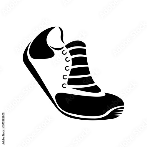 One athletic sneaker logo, sports shoes in motion black and white vector illustration, sleek side isometric profile design with laces for use in sports fashion icon or fitness apparel.