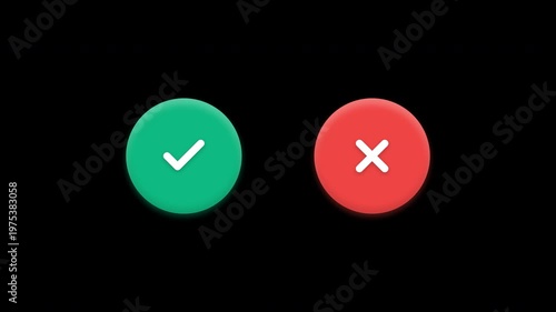 3D motion graphic animation of green checkmark and red cross icons popping up with bouncy effect on black background