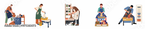 Flat Vector Illustration Set of Diverse Potters Working with Clay on Wheels, Creating Ceramic Bowls and Vases in a Studio Setting