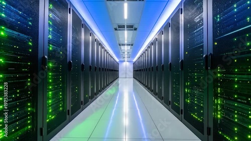 Long, lit corridor of server racks in a data center, glowing green and blue