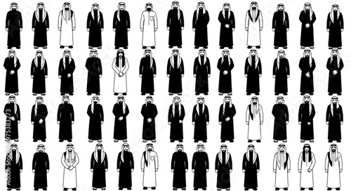 Diverse group of men in traditional Arab attire, standing together.