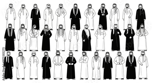 Diverse group of men in traditional Arab attire, standing together.