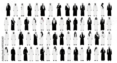 Diverse group of men in traditional Arab attire, standing together.