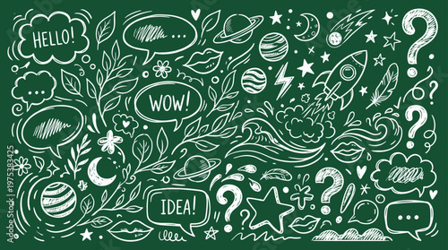 Creative chalk drawing on a green blackboard featuring space elements planets rocket and speech bubbles with words like hello idea and wow symbolizing imagination and communication