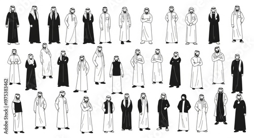 Diverse group of men in traditional Arab attire standing together.