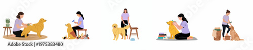 Flat Vector Illustration Set of a Woman Grooming and Brushing Her Golden Retriever Dog in Various Indoor Domestic Scenes