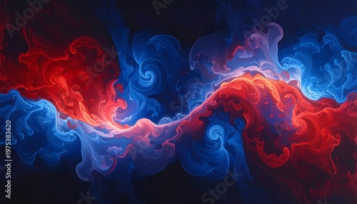 Swirling red and blue smoke on black background