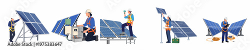 Professional technicians and engineers installing and maintaining solar panels for sustainable renewable energy projects in a clean vector illustration set.