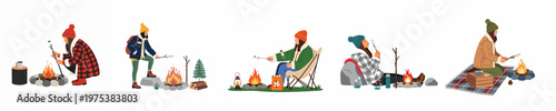 Flat vector illustration set of women roasting marshmallows over a campfire during a cozy outdoor camping trip in winter or autumn.