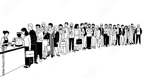 Diverse group of people patiently waiting in a long queue at a counter.